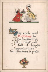 Birthday Greeting with Rococo Figures, Flowers, and Prosperity Message Postcard