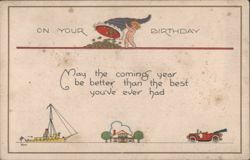 Birthday Greeting with Cherub Spilling Gold, Ship, House, and Car Postcard
