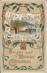 Bright and Happy Christmas Winter Scene with Holly and Icicles Postcard