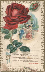 Red Rose & Romantic Couple in Garden with Love Poem Postcard