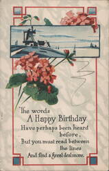 Happy Birthday Poem with Windmill and Geraniums Postcard