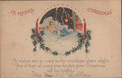 Snowy Village Christmas Scene with Holly & Candles, 1925 Postcard