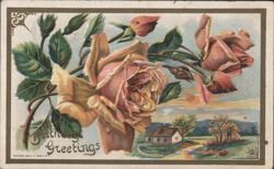 Birthday Greetings with Pink and Yellow Roses and Countryside Scene Postcard