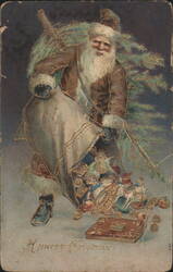 Santa Claus with Christmas Tree & Sack of Toys, Merry Christmas Greeting Postcard