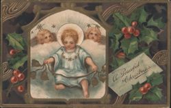 Baby Jesus with Cherubs, Holly, and 'A Peaceful Christmas' Greeting Postcard