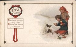 Christmas Wishes: Girls and Dog in Snowy Landscape Postcard