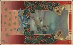 Christmas Holly, Bells, and Blue Bow with Winter Scene, 1912 Postcard