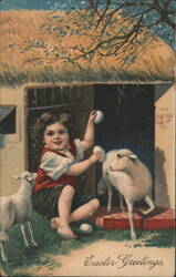 Child with Lambs and Easter Eggs in Barn Doorway, Easter Greetings Postcard