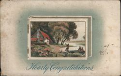 Hearty Congratulations with Pastoral River Scene, Cottage & Boat Postcard