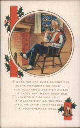Old Man by Fireplace, Christmas Memories Poem, Holly Decorations Postcard