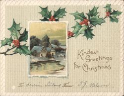 Kindest Greetings for Christmas, Winter Village Scene with Holly Greeting Card