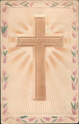"EASTER GREETINGS" Cross with Sunburst Rays & Floral Border, 1909 Postcard