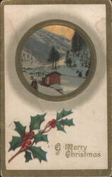 Winter Mountain Scene with Cabin & Holly, A Merry Christmas Greeting Postcard