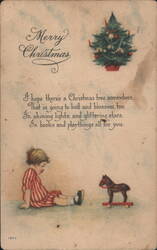 Merry Christmas Child with Toy Horse & Decorated Tree, Holiday Poem Postcard