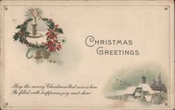 Christmas Greetings Wreath with Candle, Poinsettias, Bells & Snowy Village Postcard
