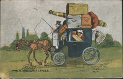 When Mother Travels: Comic Heavily Loaded Horse-Drawn Carriage Postcard