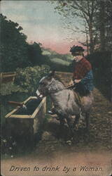 Woman Riding Donkey Drinking from Trough, 'Driven to drink by a Woman' Postcard