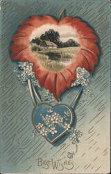 Best Wishes Red Leaf & Blue Heart with Landscape Scene Postcard