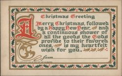 Ornate 'M' Initial Christmas & New Year Greeting Card, Holly Border Postcard