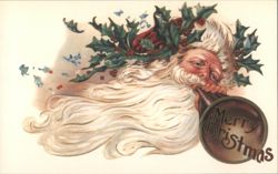 (Repro) Santa Claus Blowing Horn with Holly Wreath, Merry Christmas Greeting Postcard