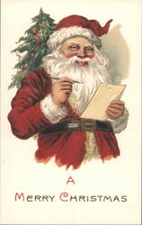 (Repro) Santa Claus Writing List, Christmas Tree, "A Merry Christmas" Greeting Postcard