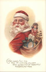 (Repro) Santa Claus with Girl, Teddy Bear & Bag of Presents Postcard