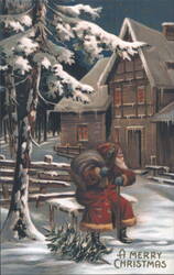 (Repro) Santa Claus in Snowy Village with Christmas Tree, A Merry Christmas Postcard