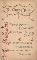 Christmas & New Year Greeting with Roses & Garland, 1915 Postcard