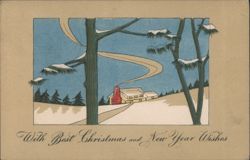 Winter Cabin with Snow and Trees, Christmas and New Year Wishes Postcard