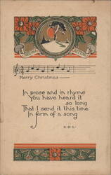 Christmas Greetings with Music & Poem, Winter Scene, Art Nouveau Style Postcard