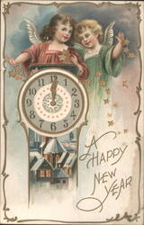 Angels, Grandfather Clock, Snowy Village - A Happy New Year Postcard