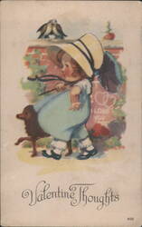 Child in Straw Hat with Dog & Umbrella, Valentine Thoughts, I Love You Postcard