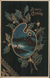 A Merry Christmas Winter Scene Cabin Palette Holly Berries Gold Accents Postcard