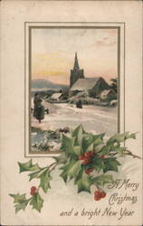 Winter Church Scene with Holly, Merry Christmas and Bright New Year Greeting Postcard