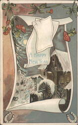 Happy New Year Greeting Card with Snowy Village, Water Mill & Lucky Charms Postcard