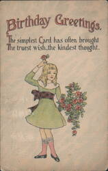 Birthday Greetings Girl with Rose Bouquet & Poem Postcard
