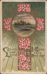 Christ Our Lord Is Risen This Holy Day Easter Cross with Church Landscape Postcard