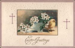 Easter Greetings with Chick, Flowers in Shoe, and Crosses Postcard