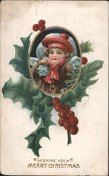 Christmas Child with Holly & Berries, Wishing You a Merry Christmas Postcard