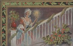 Woman in Period Dress with Star on Holly-Decorated Christmas Staircase Postcard
