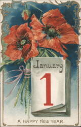 January 1 Calendar with Red Poppies - A Happy New Year Postcard