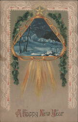 A Happy New Year Winter Scene with Holly Frame and Golden Star Postcard