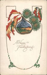 Thanksgiving Greeting with Autumn Leaves and Rural Vignette Postcard