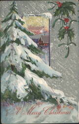 Snowy Christmas Tree, Holly, Mistletoe, and "A Merry Christmas" Greeting Postcard