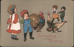 Thanksgiving Greeting with Children and Turkeys Illustration Postcard