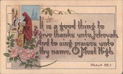 Religious Scene with Psalm 92:1 Quote & Pink Roses Postcard
