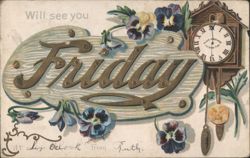Friday Invitation with Cuckoo Clock and Pansies Postcard
