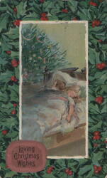 Loving Christmas Wishes: Children Asleep with Decorated Tree & Holly Postcard