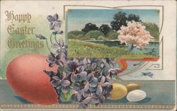 Happy Easter Greetings with Red Egg, Violets, and Spring Landscape Postcard