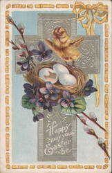 Easter Greeting with Bird, Nest, Eggs, Violets, Pussy Willows & Cross Postcard